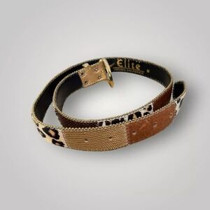 Vintage Elite 80s Leather Suede Patch Belt Gold Animal Print Belt Size L Boho